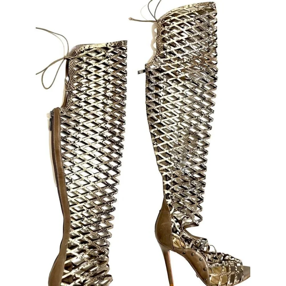 Schutz Karlyana Caged Over The Knee Laser Cut Peep Toe Boots Snake Print